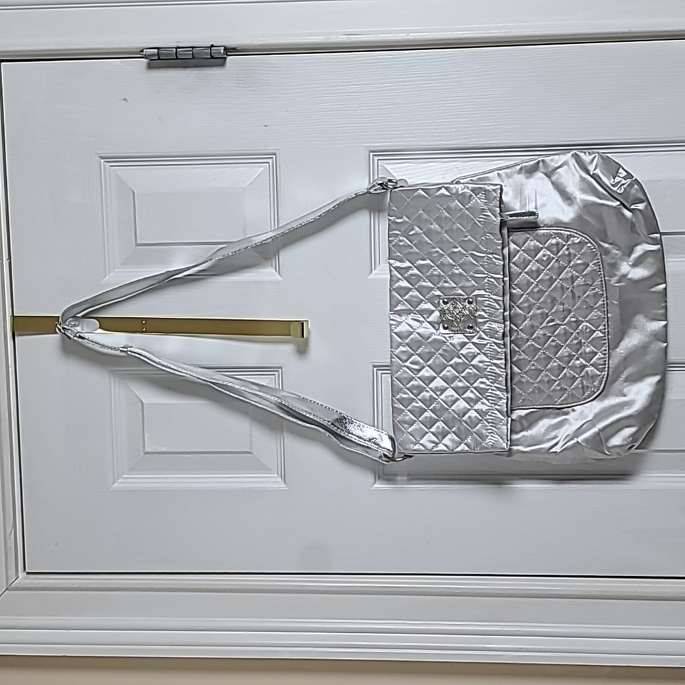 Silver Quilted Satin Cross Body Tote Bag (Serious Skincare)